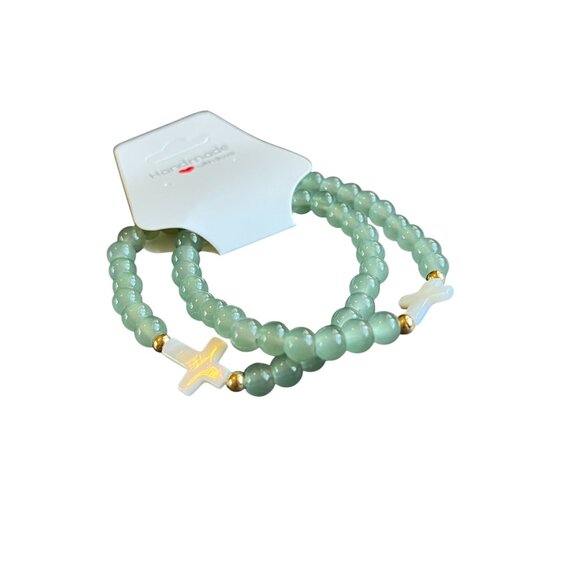 Charmze Stackable Stretch Faith Glass Beads Green Bracelet Set NEW - Picture 3 of 3